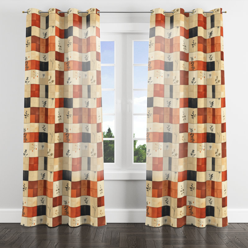 Country Farmhouse Room Darkening Curtains - Orange Warm Quilt Grommet Curtain - 1 Panel, Gold Grommets, 52" W x 90" L