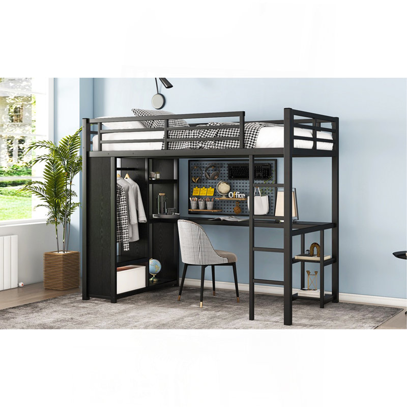 Twin XL Size Loft Bed Frame With Built-In Wardrobe, Metal Loft Bed With Desk And Storage Shelves, Black, Twin XL