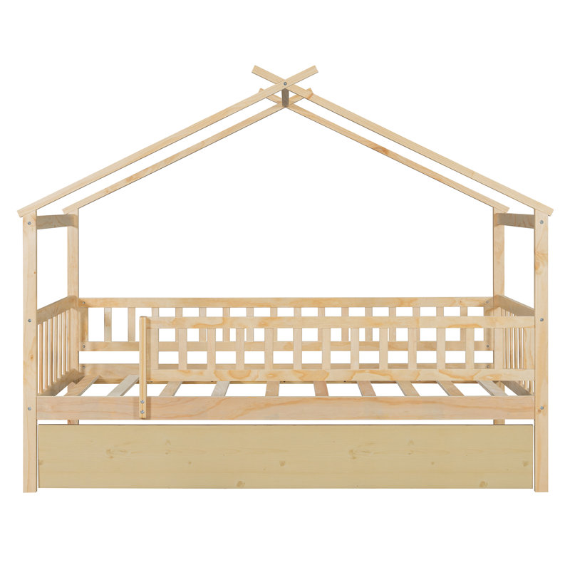 House Style Bed With Built In Trundle, Natural, Twin