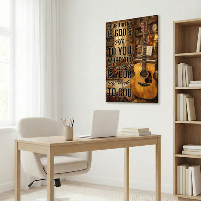 Guitar Music Room Scene With Inspirational Quote Canvas Wrapped Wall Art Oil Painting Print (Set Of 1)