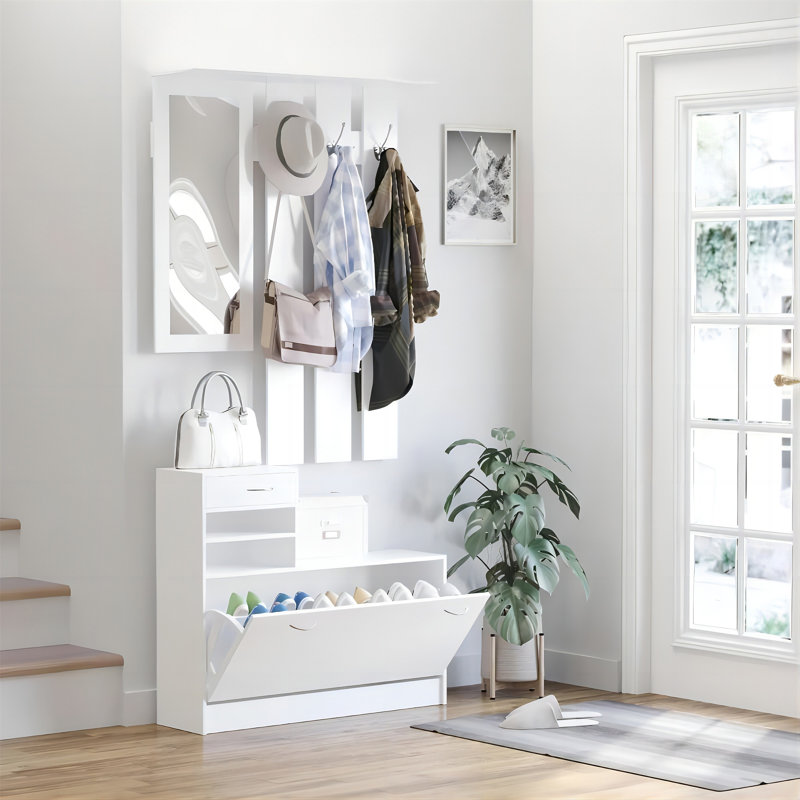 Three In One Combination Model Gate Cabinet With Shoe Cabinet+Hang Shelf+ Mirror, Matte White
