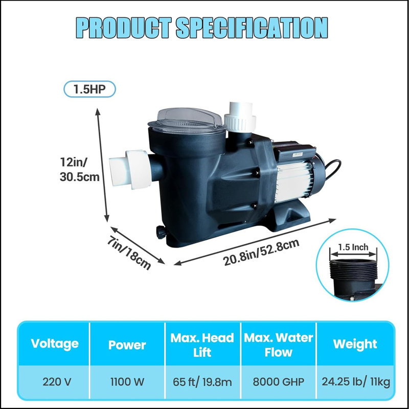 Pompe de piscine, 1,5hp 220v 1100w, pompes à vitesse unique pour piscine hors terre, pompe de piscine à moteur en cuivre puissante avec joints, panier à crépine, fonctionnement silencieux, certification UL