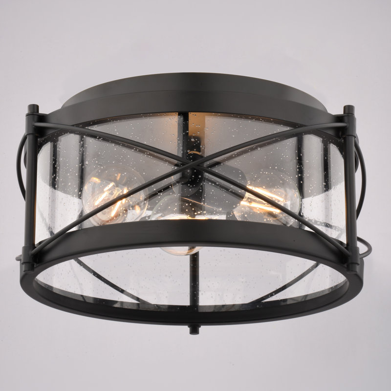 Plafonnier encastré cylindrique noir mat 3 lumières Harrison, compatible avec DEL, large verre transparent ensemencé de 13,25 po, plafonnier bas
