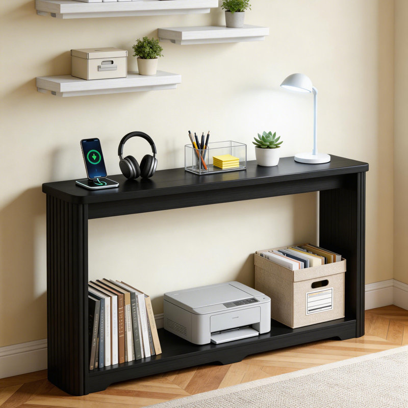 Elegant Fluted Column Entryway Table - 70" Slim Depth Entryway Table In Matte Black, Black