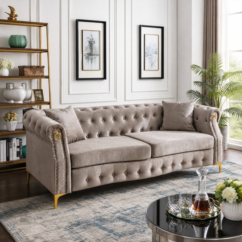  83.5" Velvet Chesterfield Tufted Sofa, Beige