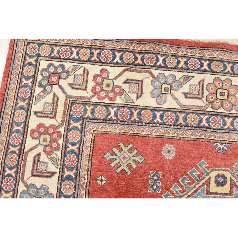 Tapis rouge / bleu en laine noué à la main de conception unique 5 pi 9 po x 8 pi 11 po