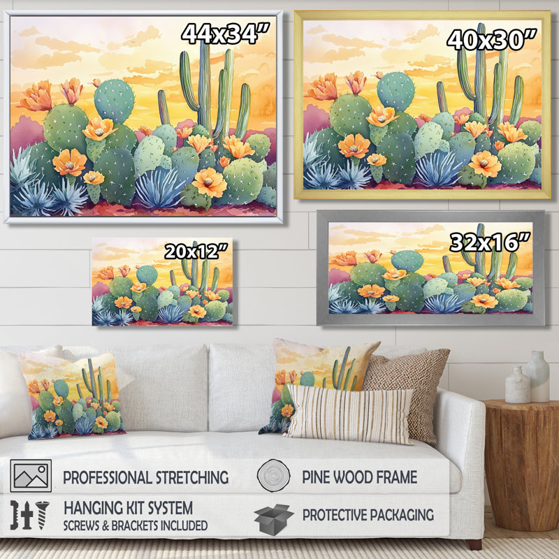 Cactus paysage au coucher du soleil II, Picture Framed Print, H 24 po x l 32 po, Blanc