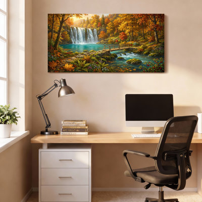 «Autumn Forest Waterfall Landscape», ensemble de 1 reproduction d'art sur toile tendue sur toile