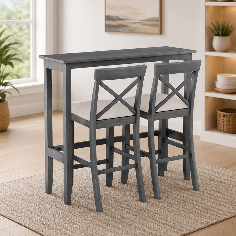 Ensemble de salle à manger rectangulaire en bois de 122 cm (48 po) de hauteur bar, d'inspiration champêtre, avec 2 chaises, idéal pour les petits espaces, gris et beige