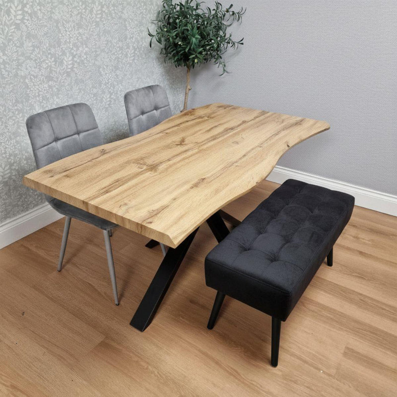 Wood Dining Set with Velvet Chairs Velvet Bench, 75"H x 117"L x 77"W, Grey