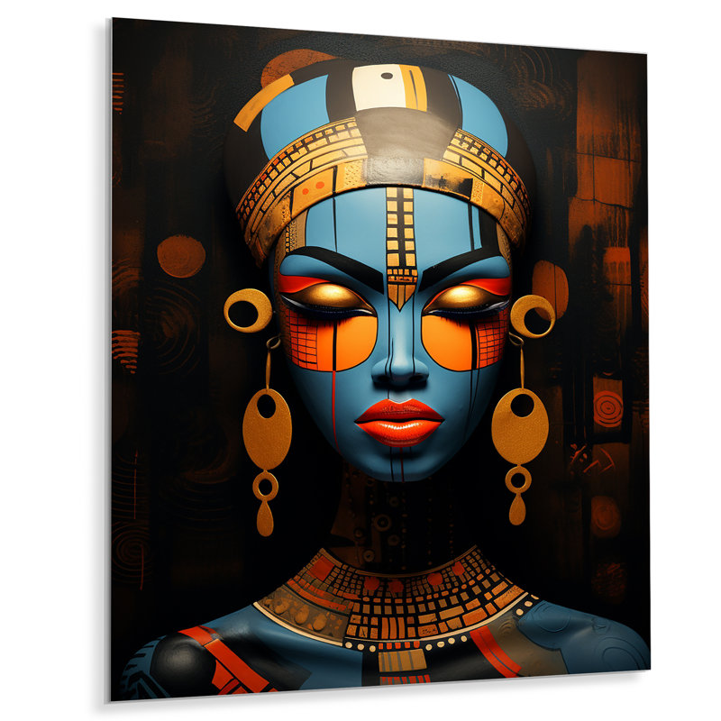 «African Blue Queen Traditional Jewellery» - art mural masque africain, Métal métal, H 32 po x l 24 po x P 1 po