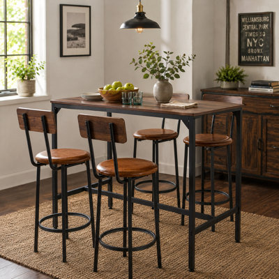 47-Inch Rounded-Corner Rectangular Bar Table & 5-Piece Set — Walnut & Black — High-Top Table With 4 Stools For Home Dining & Living Areas