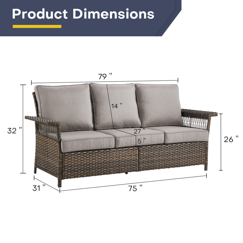 Anferney 79" Wide Patio Wicker Outdoor Sofa with Cushions with Cushions, Gray, Brown