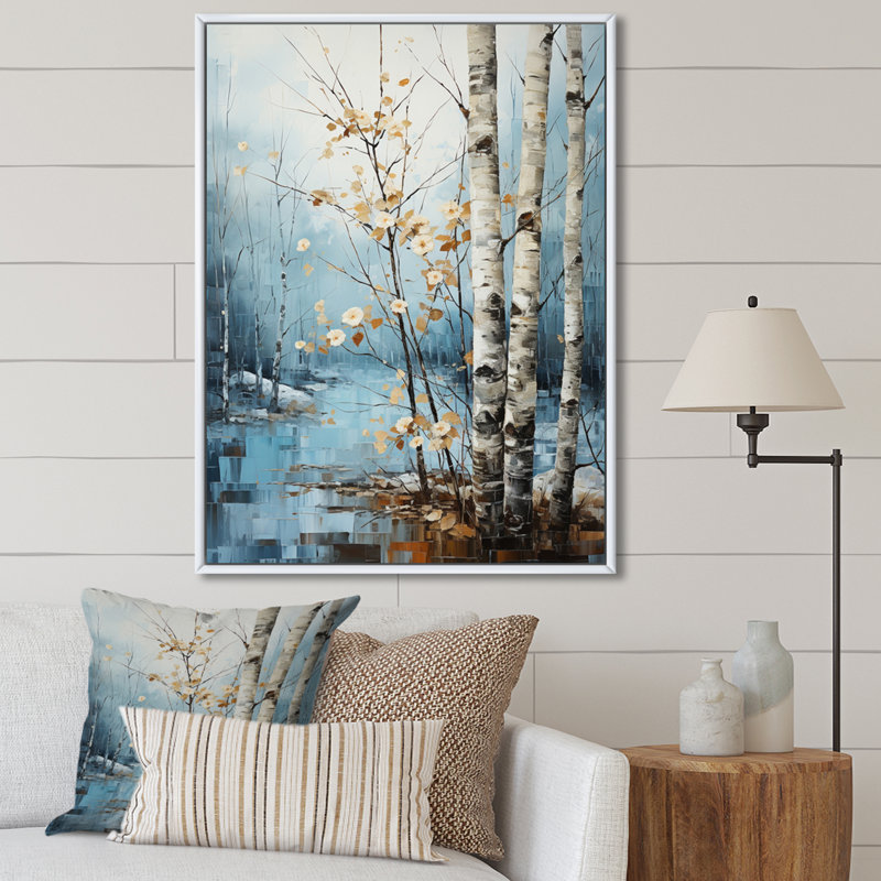 «Wasili Birch Woods Winter Whispers VI», reproduction sur toile, H 32 po x l 16 po x P 1 po, Cadre flottant blanc
