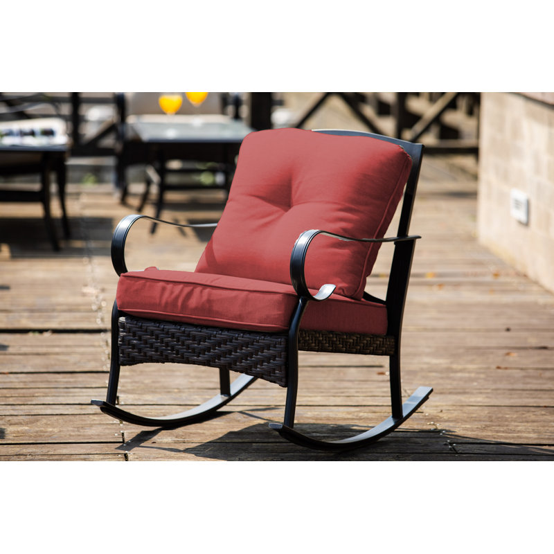 W25 In. Outdoor Metal Wicker Rocking Chair With Red Cushions