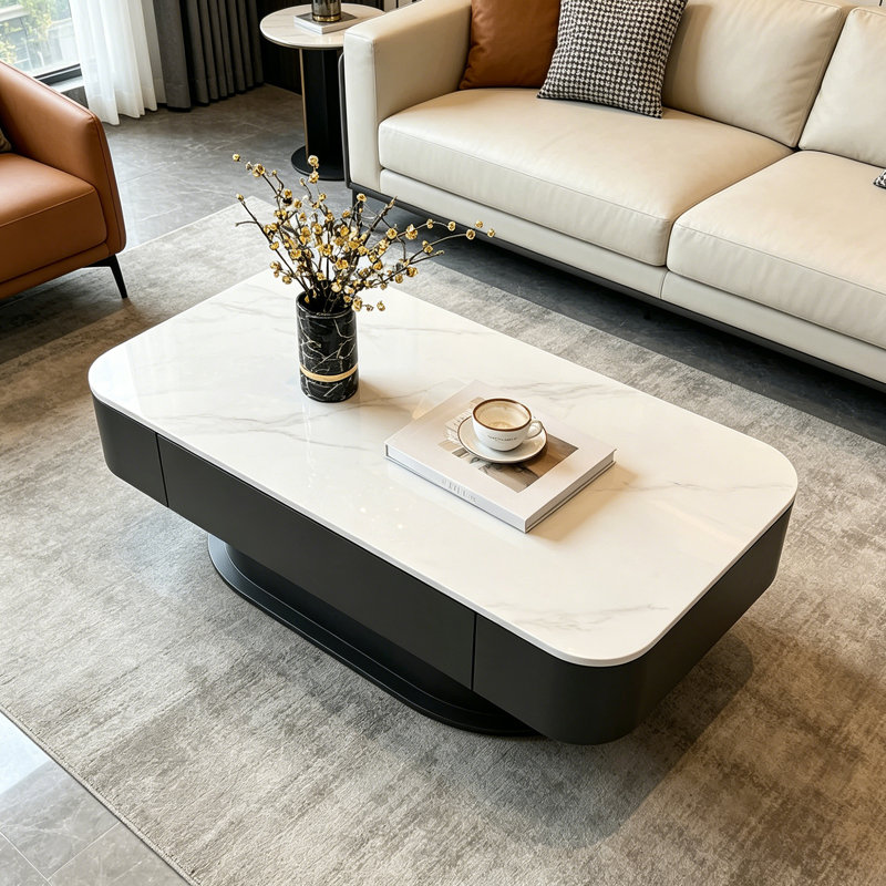 Élégante table basse avec tiroir Rock Slab, Blanc/Noir, 12.99" H x 39.37" L x 19.68" W