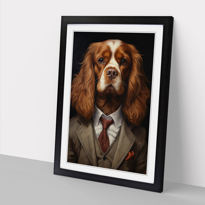 Cavalier King Charles Spaniel In A Suit Painting No.4 - Single Picture Frame Print on Wood, Black Framed