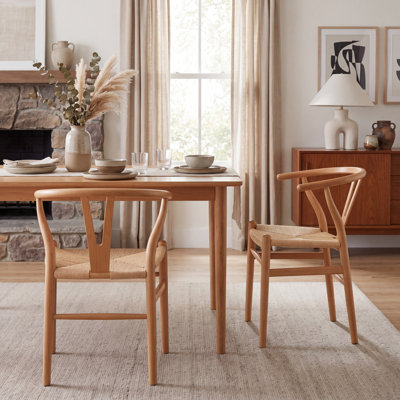 Chaise en bois de hêtre massif avec dossier en Y et assise en corde tissée - Chaise d'appoint de style Mid-Century moderne, 3 finitions