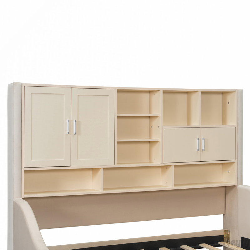 Upholstered Daybed with Storage Shelves and Cabinets, Pull-Out Lift-Up Twin Trundle, Beige