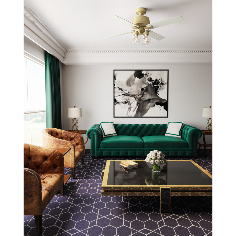 Ventilateur de plafond standard à 4 pales de 52 po avec lumières et télécommande Vivien, Laiton moderne
