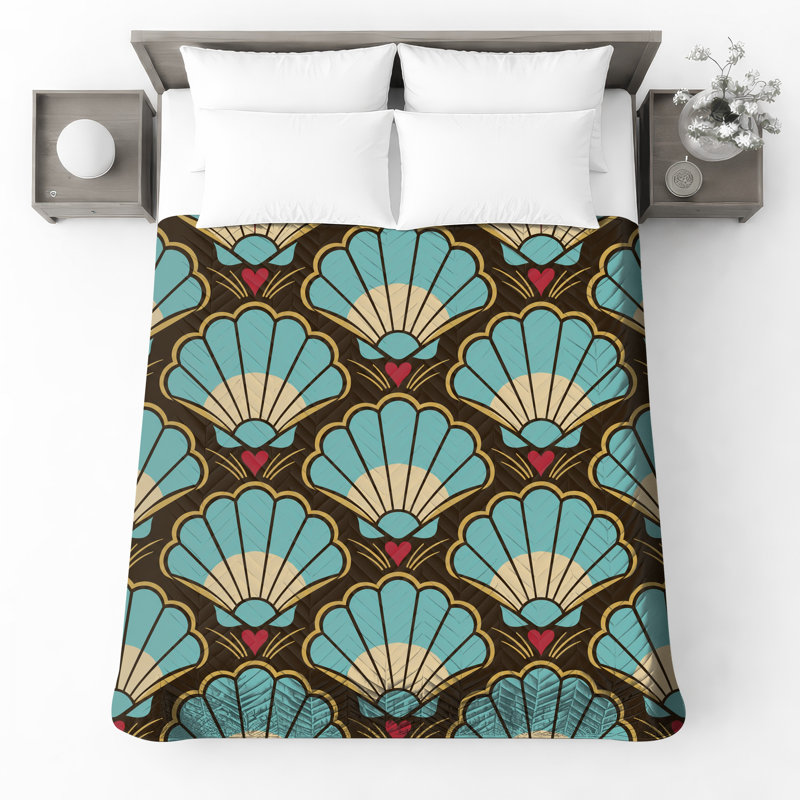 Scallop Shells Hearts Quilted Bedspread All Sizes, Full / Double