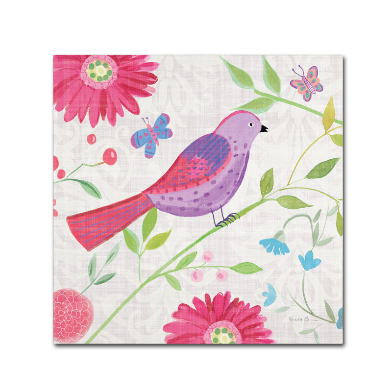 Pink and Purple Bird with Floral Canvas Art, 18" x 18"