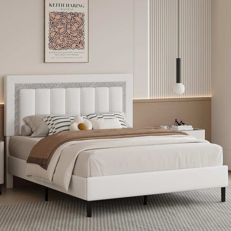 Ensemble de lit plateforme tapissier Diamond, Complète, Blanc