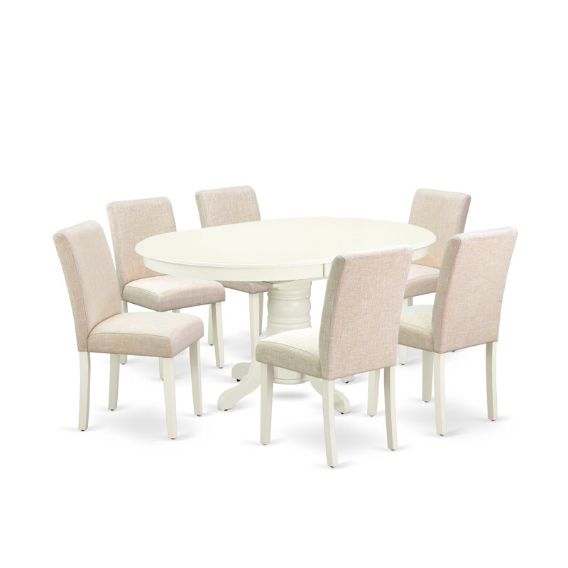 Ensemble de table de salle à manger 7 pièces composé d'une table de cuisine ovale avec rallonge papillon et de 6 chaises de salle à manger Parson en tissu beige clair, 42 x 60 pouces, blanc lin