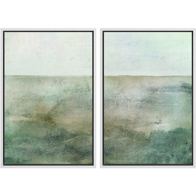 «Pastel Teal Green Landscape Abstract Shapes Modern Art Decor», encadrée sur toile, L 32 po x H 24 po, Cadre blanc