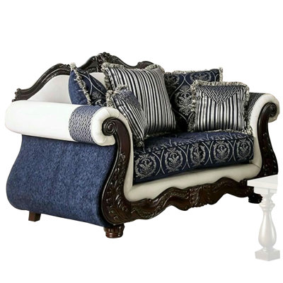 Aby Loveseat, 5 Pillows, Faux Leather, 72 Inch Blue White Chenille