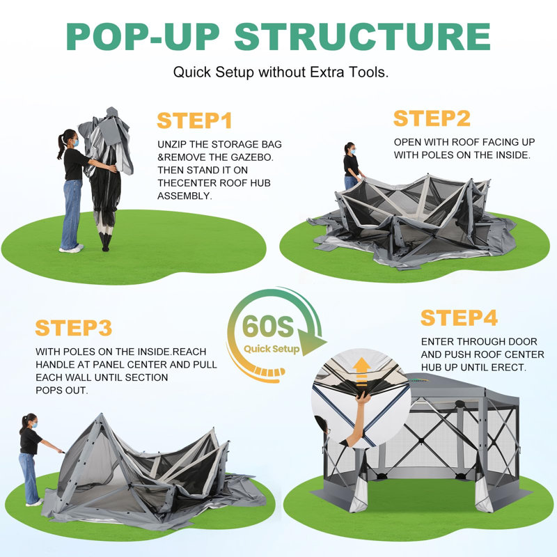 12x12 Pop Up Canopy Gazebo, Outdoor Canopy Tent Screen House , Gray
