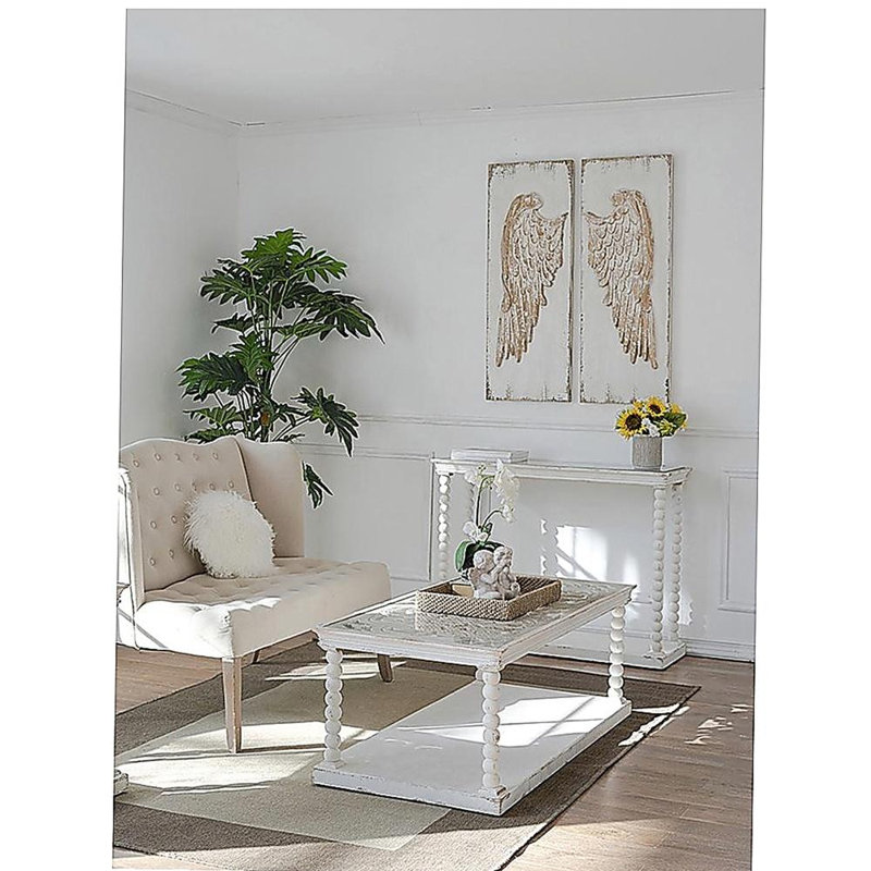 Ensemble de 2 panneaux muraux à oreilles en plumes avec finition blanche patinée, art mural suspendu, 42 po x 15,5 po