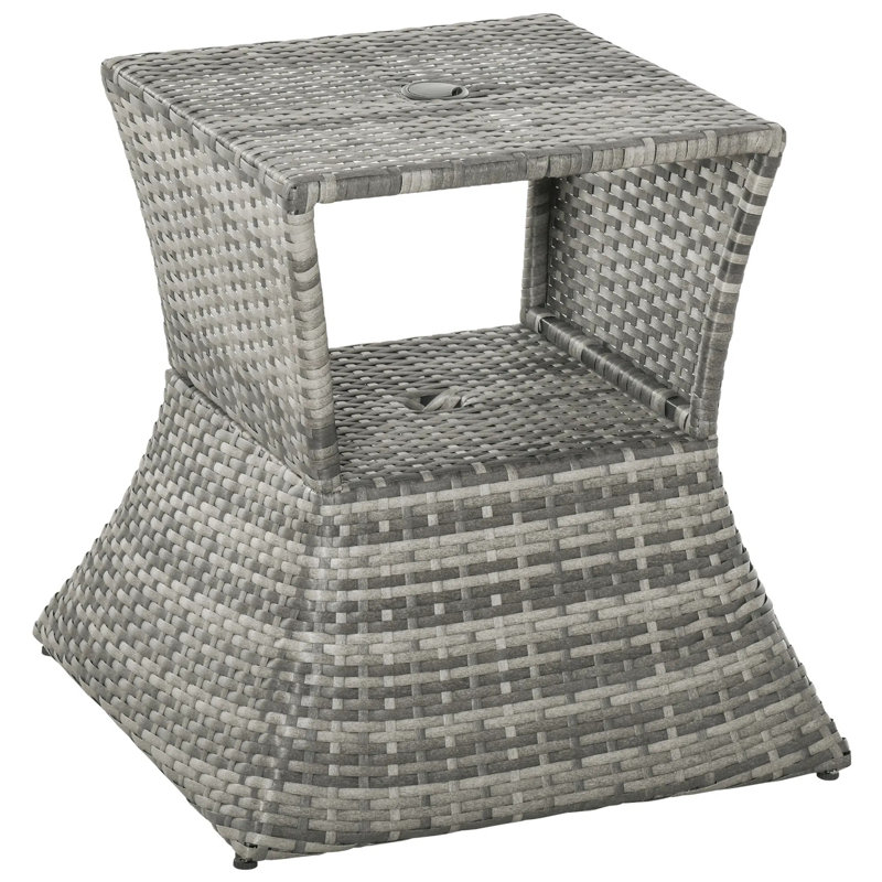 Table d'appoint de patio, table de bout d'extérieur toutes saisons avec trou pour parasol central, grand espace de rangement en rotin tissé à la main pour une utilisation dans le jardin au bord de la piscine