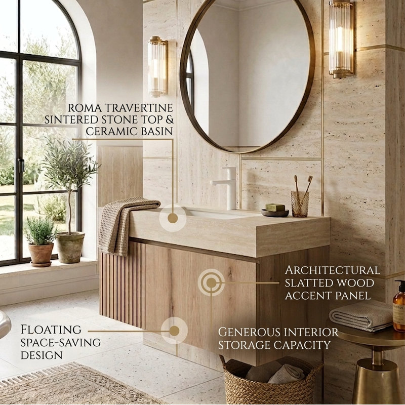 30" Wall-Mounted Vanity With Sintered Stone Top & Ceramic Sink, Storage Cabinet With 1 Drawer & Soft-Close Door, White Oak
