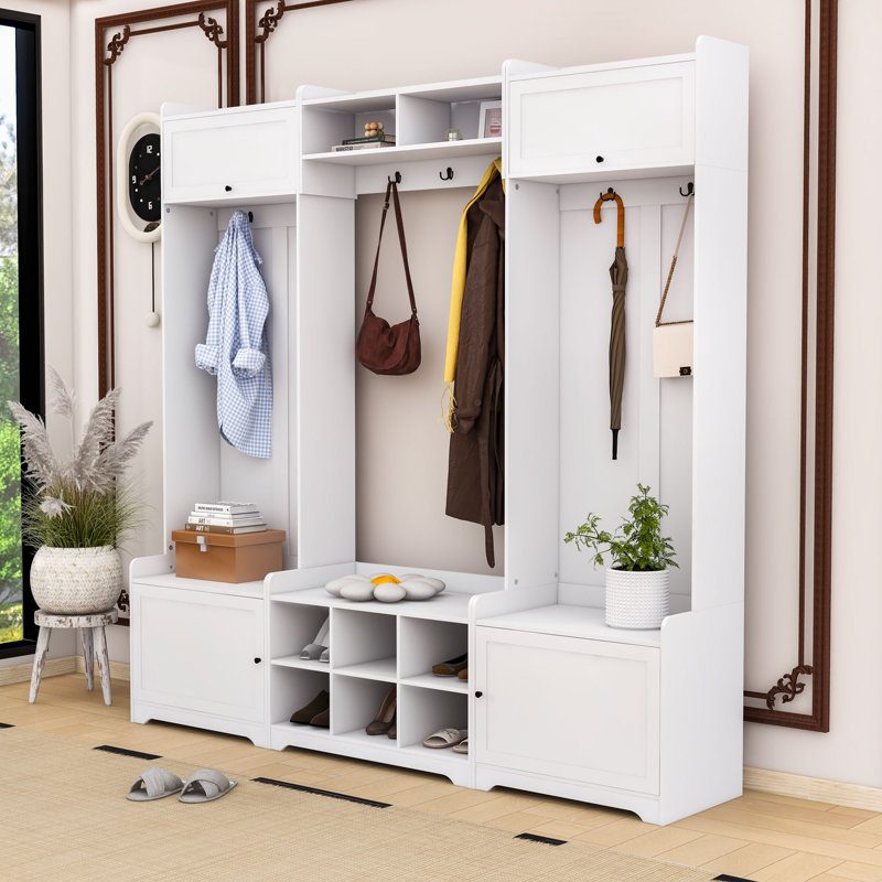 Modern Hall Tree with Storage Cabinets, Adjustable Shelves, Hooks, and Bench Seating for Entryway, White