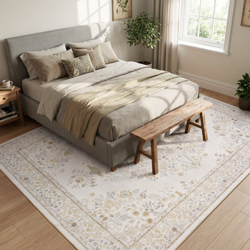Soft Washable Vintage Floral Area Rug With Non-Slip Backing Beige, Ivory, Beige, Rectangle 5' x 7'