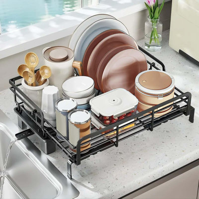 Extendable Dish Rack with Drainboard, Dish Drying Rack, V-Shaped Card Slot, Stainless Steel Kitchen Dish Drainer for Sink, Black