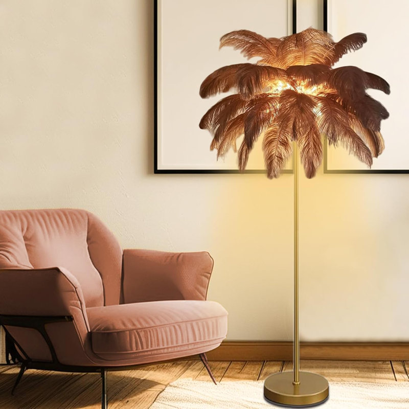 Natural Ostrich Feather Floor Lamp With 3 Color Temperatures, Adjustable LED Lighting, Sturdy Metal Base, Easy To Clean And Install, Perfect For Living Room, Bedroom, And Home Decor