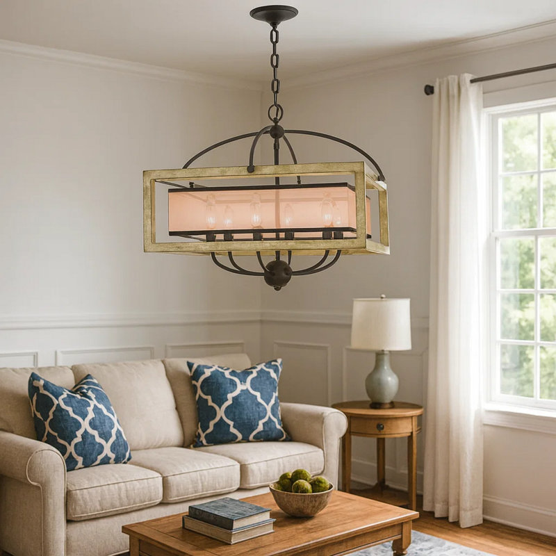 Lustre Acia 24 po, abat-jour carré en organza, bois, métal