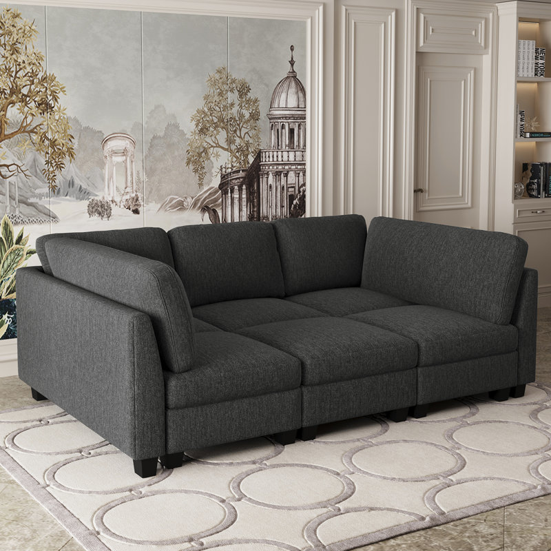 3-Seater Modular Sofa Chaise Lounge, Frostvelvet Upholstery Sofa Bed, Black Polyester Blend, 35.4" H x 86.2" W x 45.7" D