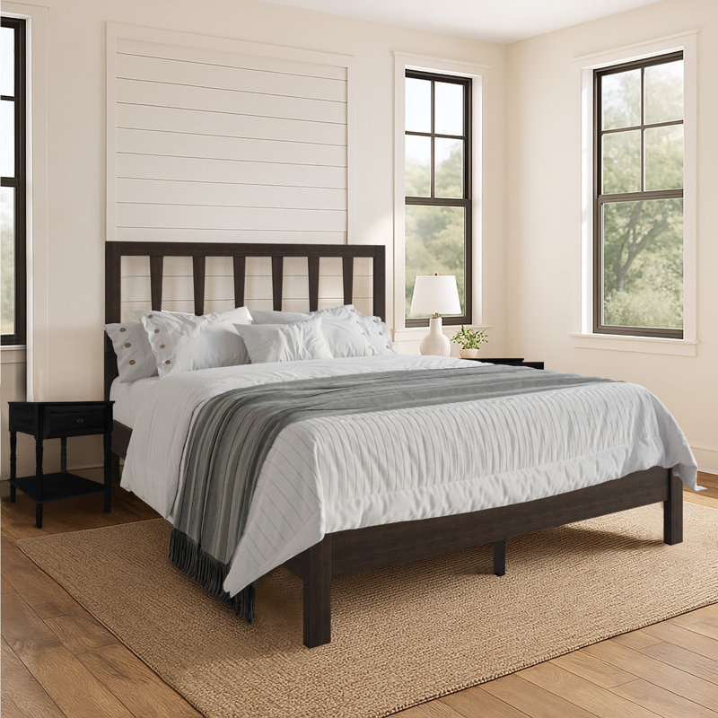 Harwich Queen Solid Wood Platform Bed With 2 Nightstand, Cappuccino, Queen, Black