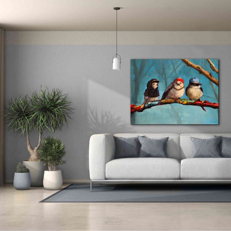 «Birdz In Da Hood» par Lucia Heffernan, art mural sur toile, H 40 po x l 54 po x P 1,5 po