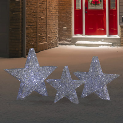 Set Of 3 LED Lighted Silver Stars Outdoor Christmas Decorations 24"