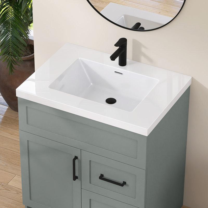 30 In. W X 22 In. D Solid Surface Cultured Marble White Single Sink Bath Vanity Top Rectangular Basin Countertop
