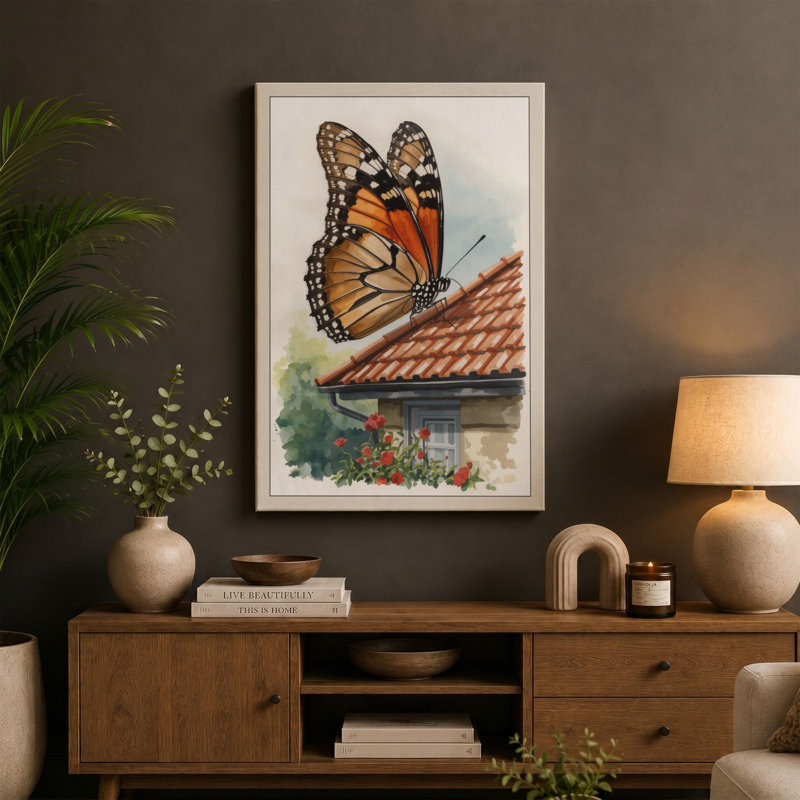 Monarch on Terracotta Botanical - Wrapped Canvas, 30x20 - 76.2 x 50.8 cm, Taupe Border