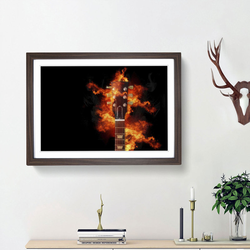 Guitar on Fire in Abstract - Picture Frame Painting Print, 36cm H x 48cm W x 2cm D, Walnut Framed