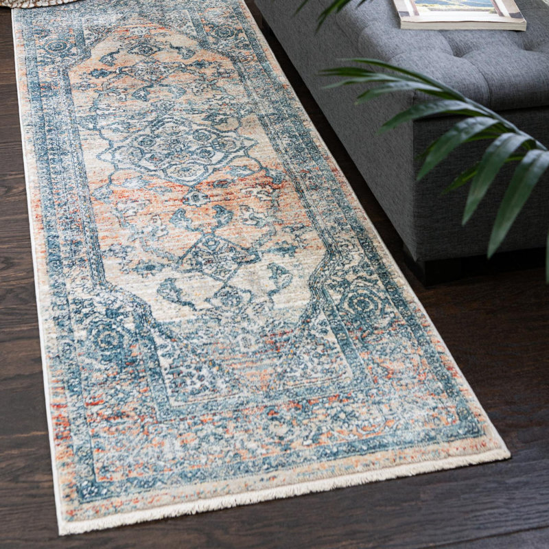 Tapis oriental rouge / bleu Alabama, Tapis de couloir 2 pi x 5 pi 11 po