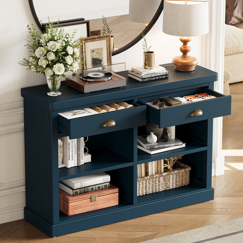 Console en bois d'acacia Harper avec 2 tiroirs et tablettes de rangement ouvertes, Marine, Navy, Navy