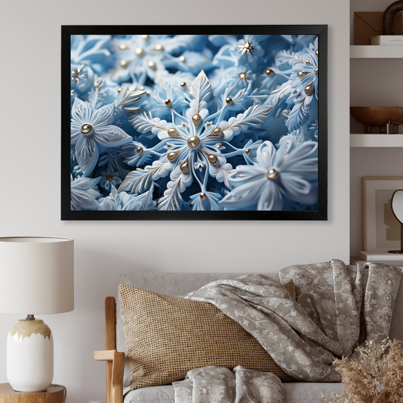 Flocons de neige scintillants I - impression, Cadre simple noir, H 12 po x l 20 po x P 1 po