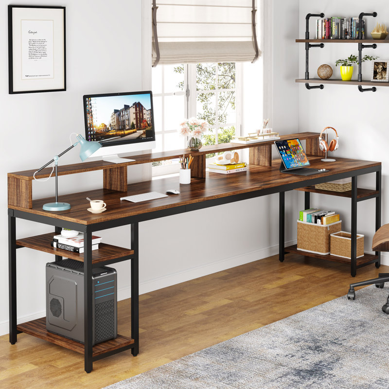 78.74" W Double Computer Desk With Monitor Stand, Two Person Desk With 4 Open Shelf, Brown/Black
